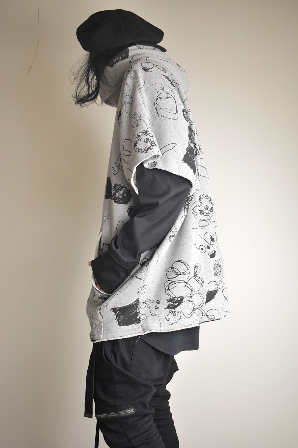 Sweat Oversize Print Zip Up Hoodie"Grey" / スウェットオーバーサイズプリントジップアップパーカ"グレー"