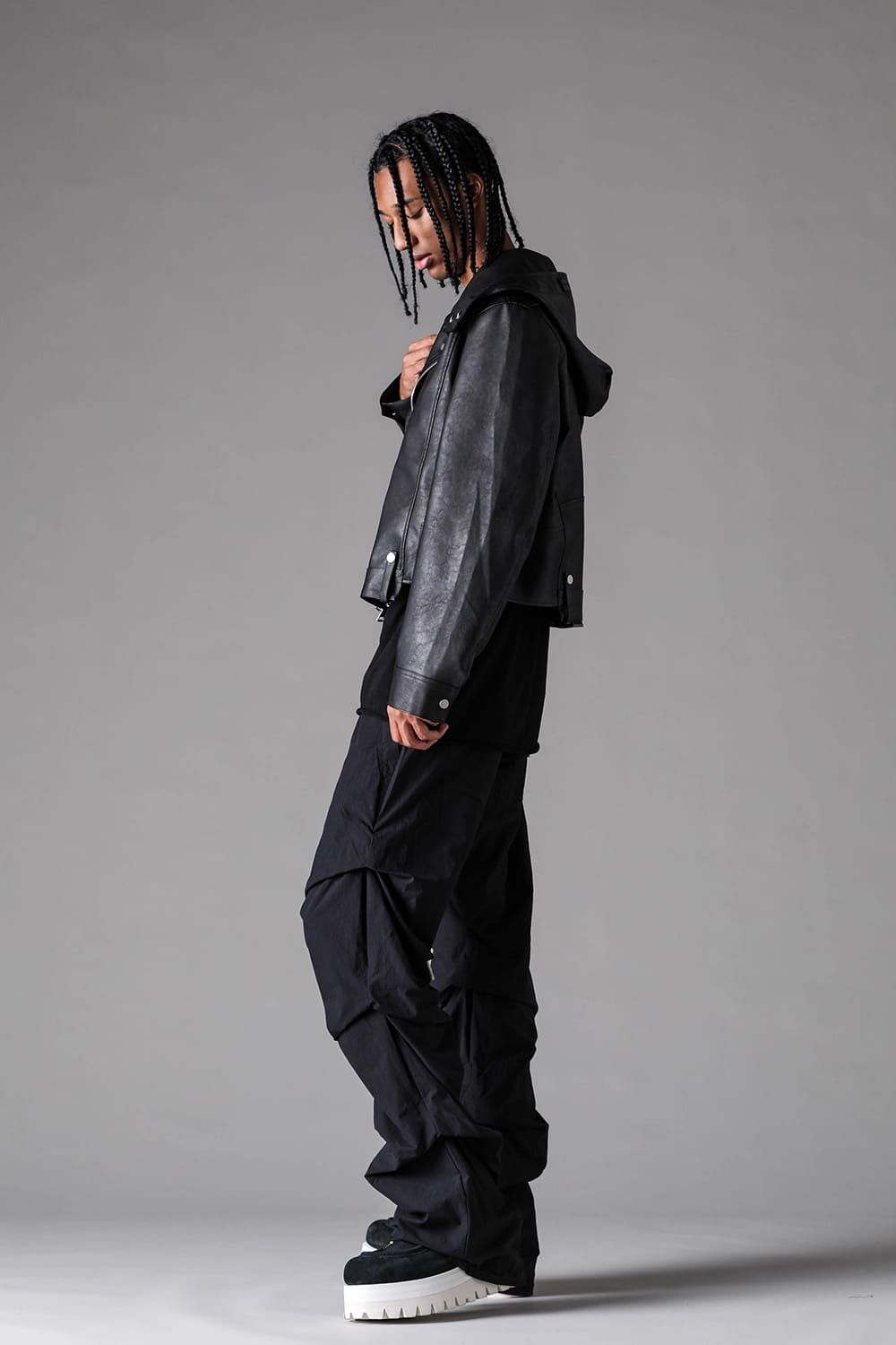 《2027SS先行予約》Vegan Leather Hoodei Double Riders "Black" / ヴィーガンレザーフーディダブルライダース"ブラック"