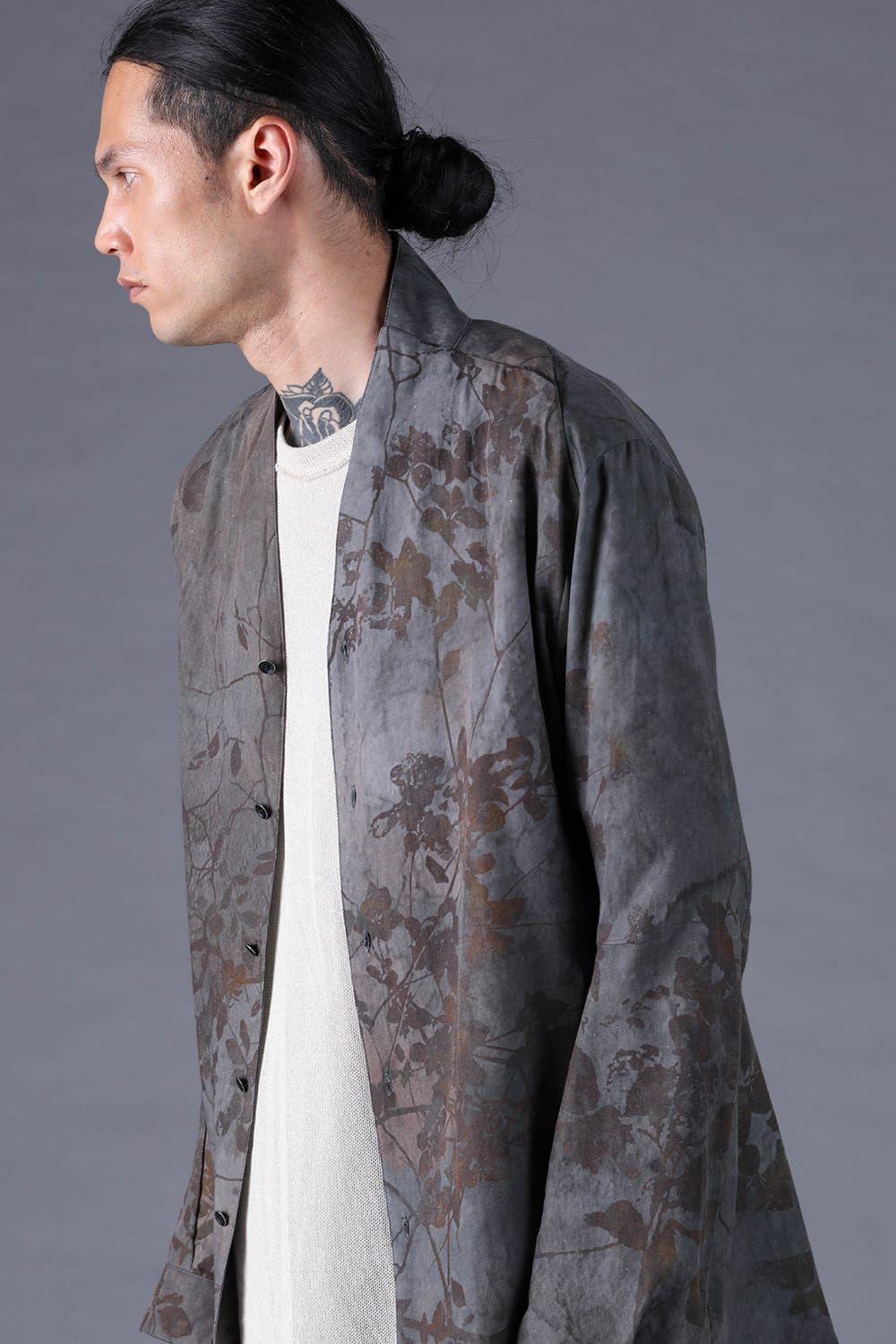 《2027SS先行予約分》Inkjet-Printed Shawl-Collar L/S Shirt "Charcoal" / インクジェットプリントショールカラーロングスリーブシャツ"チャコール"