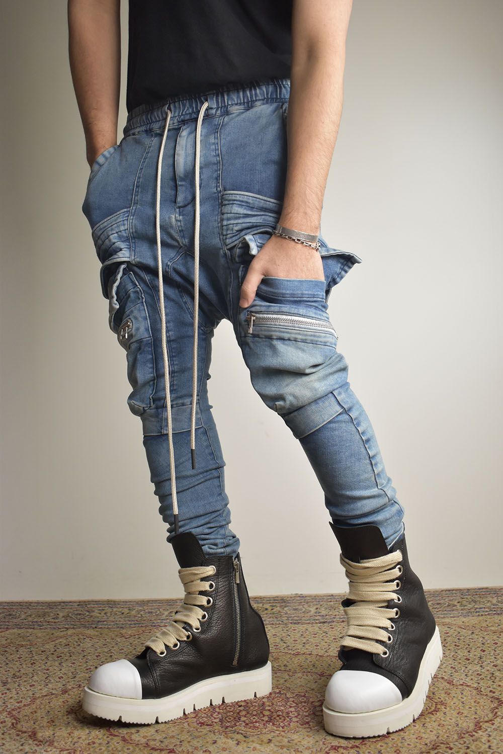 Denim Cargo Sarouel Skinny"Damage Black/Indigo Blue"/デニムカーゴサルエルスキニー"ダメージブラック/インディゴブルー"