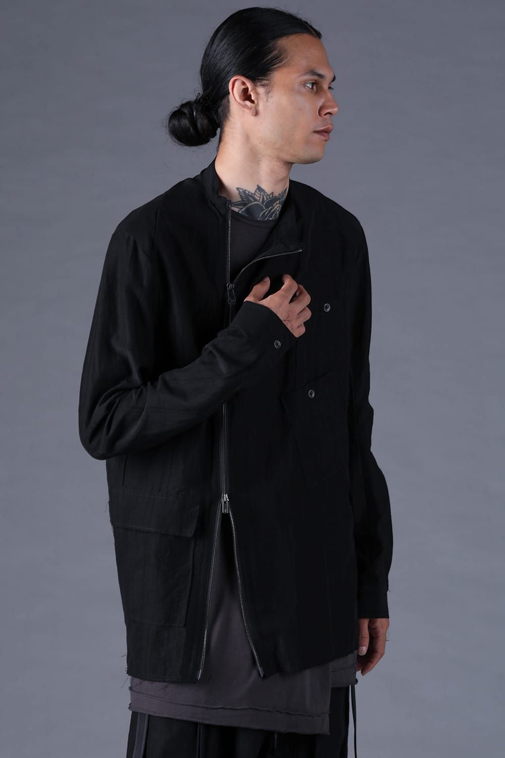 《2027SS先行予約分》Scarf-Stripe Jacquard Band-Collar Shirt"Black" / スカーストライプジャガードバンドカラーシャツ "ブラック"