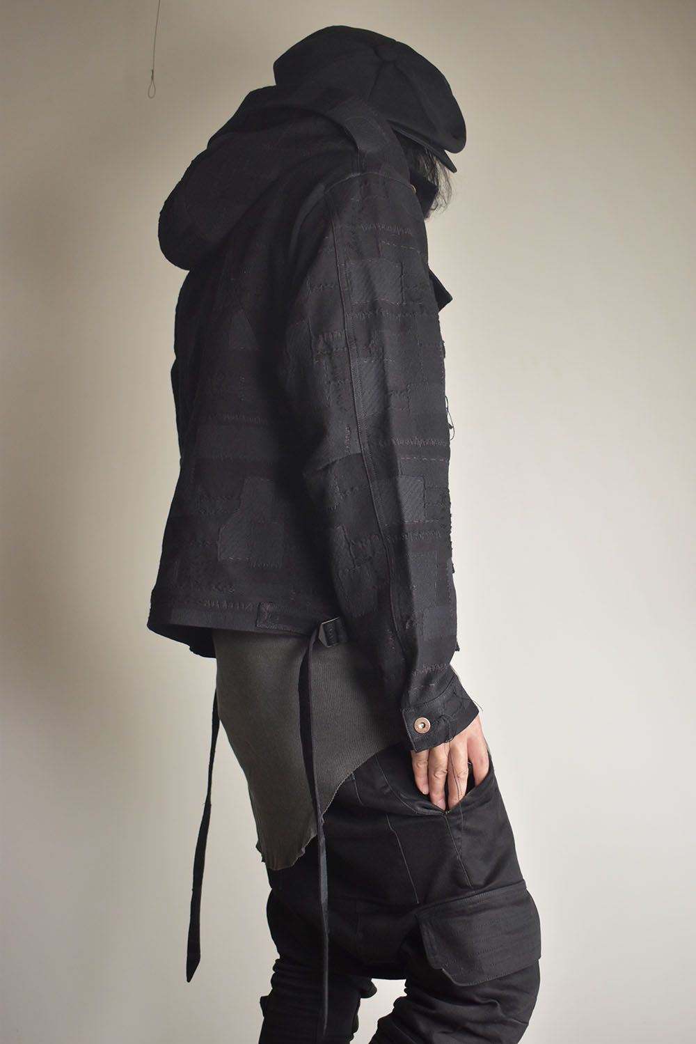 Crust Patchwork Jacquard Hood Attached Jacket "Black" / クラストパッチワークジャガードフードアタッチドジャケット"ブラック"