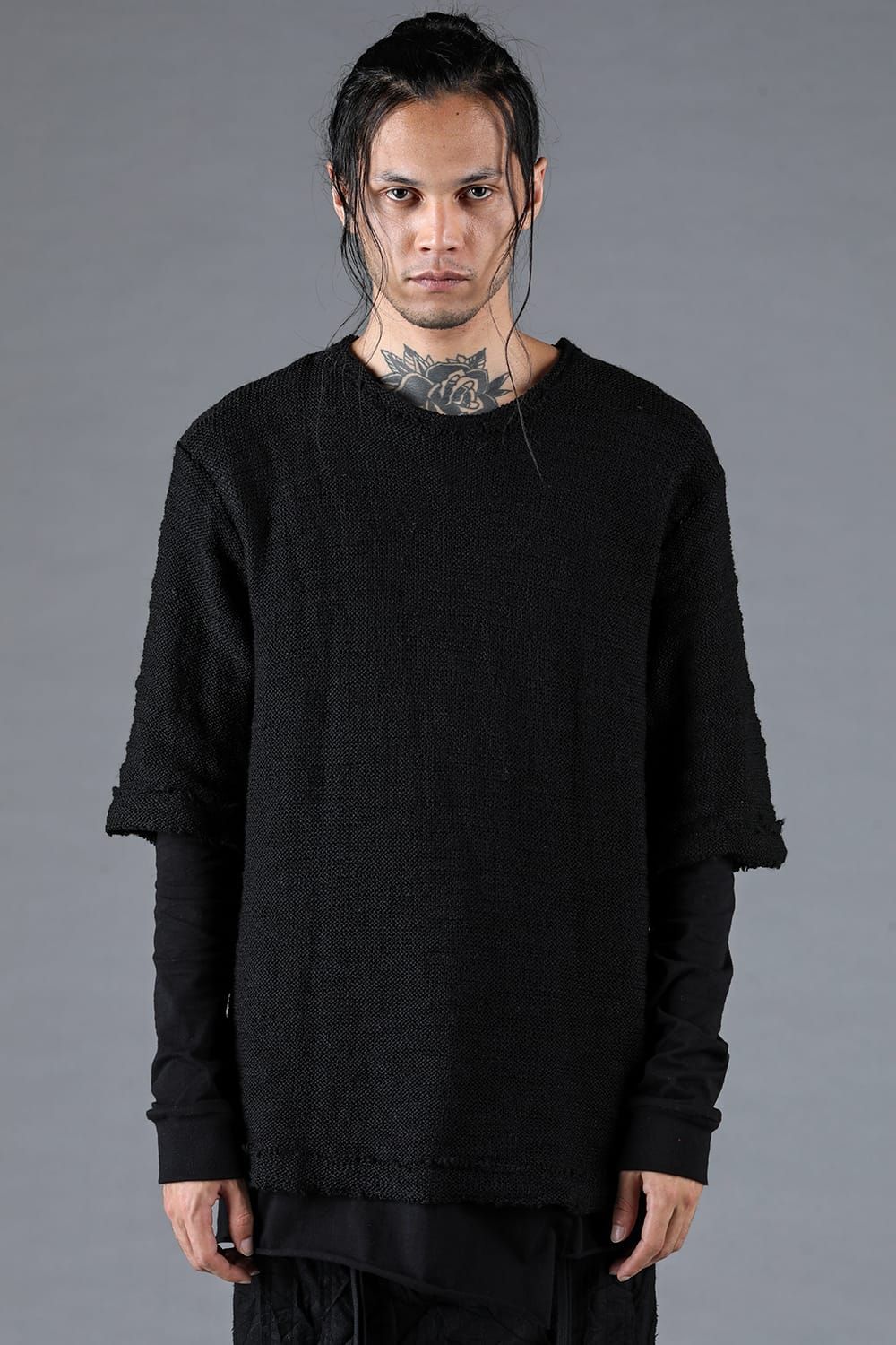 Low Gauge Knit and Cotton Jersey Layered T-Shirt "Black" / ローゲージニット×コットンジャージレイヤードTシャツ"ブラック"