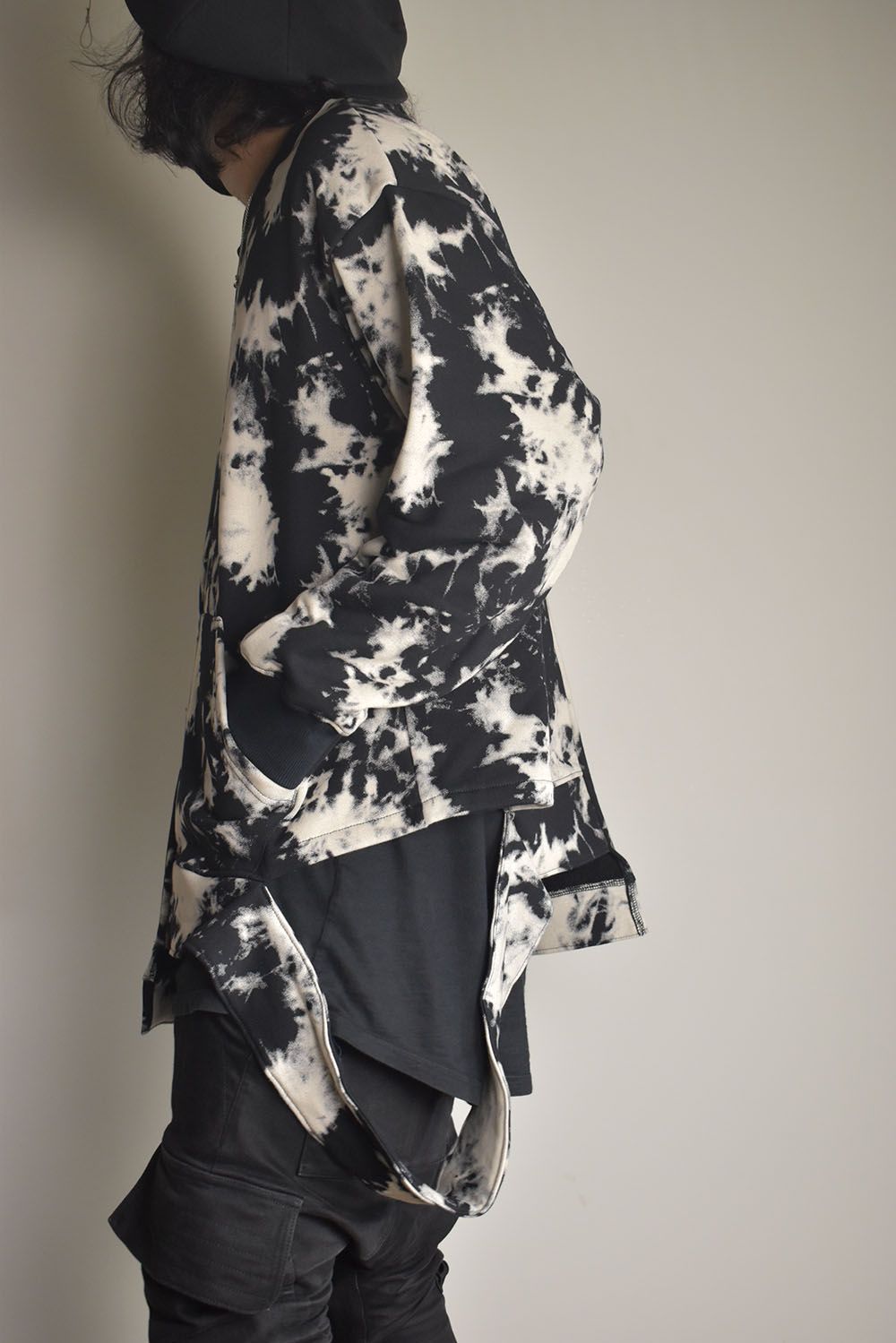 Discharge Pinting Asymmetry Crew Neck Top"Black×Ivory" /ディスチャージプリントアシンメトリークルーネックトップ"ブラック×アイボリー"