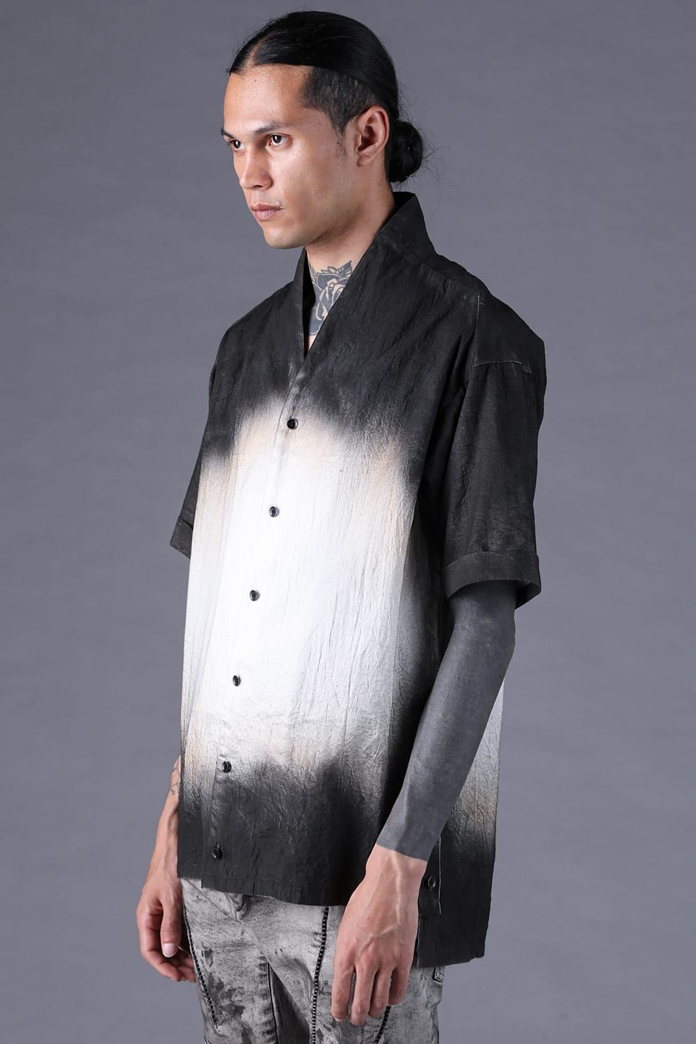 《2027SS先行予約分》Washer Loan Gradation Shawl-Collar S/S Shirt"Black" / ワッシャーローングラデーションショールカラーショートスリーブシャツ"ブラック"