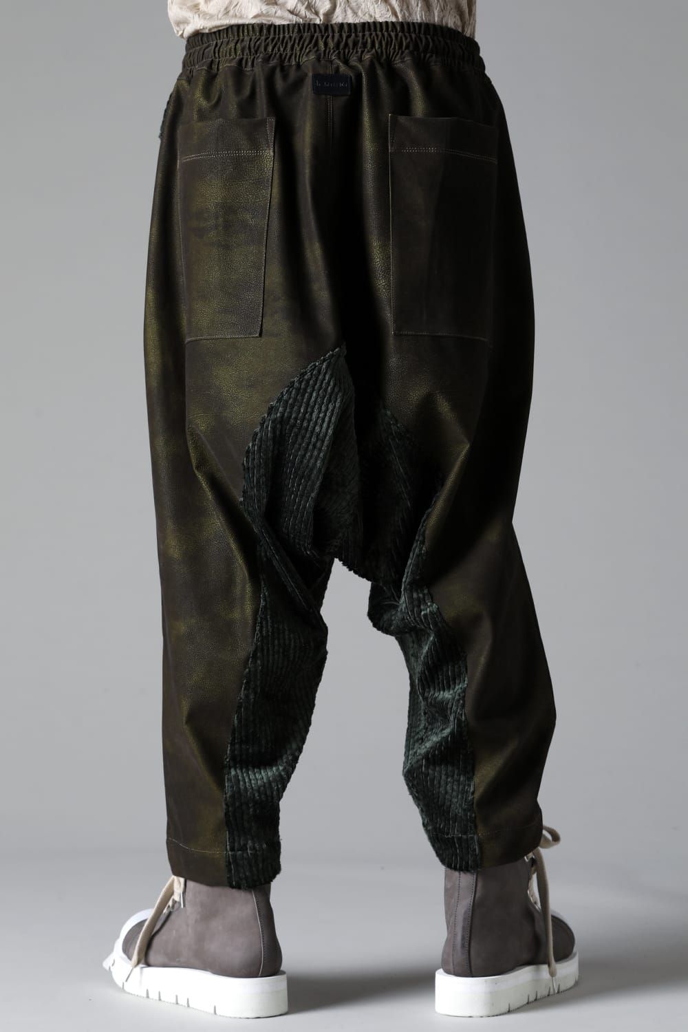 《2025AW先行予約》Synthetic Leather × Corduroy Switching Drop Clotch Pants"Black / Khaki" / シンセティックレザー×コーデュロイスウィッチングドロップクロッチパンツ"ブラック/カーキ"