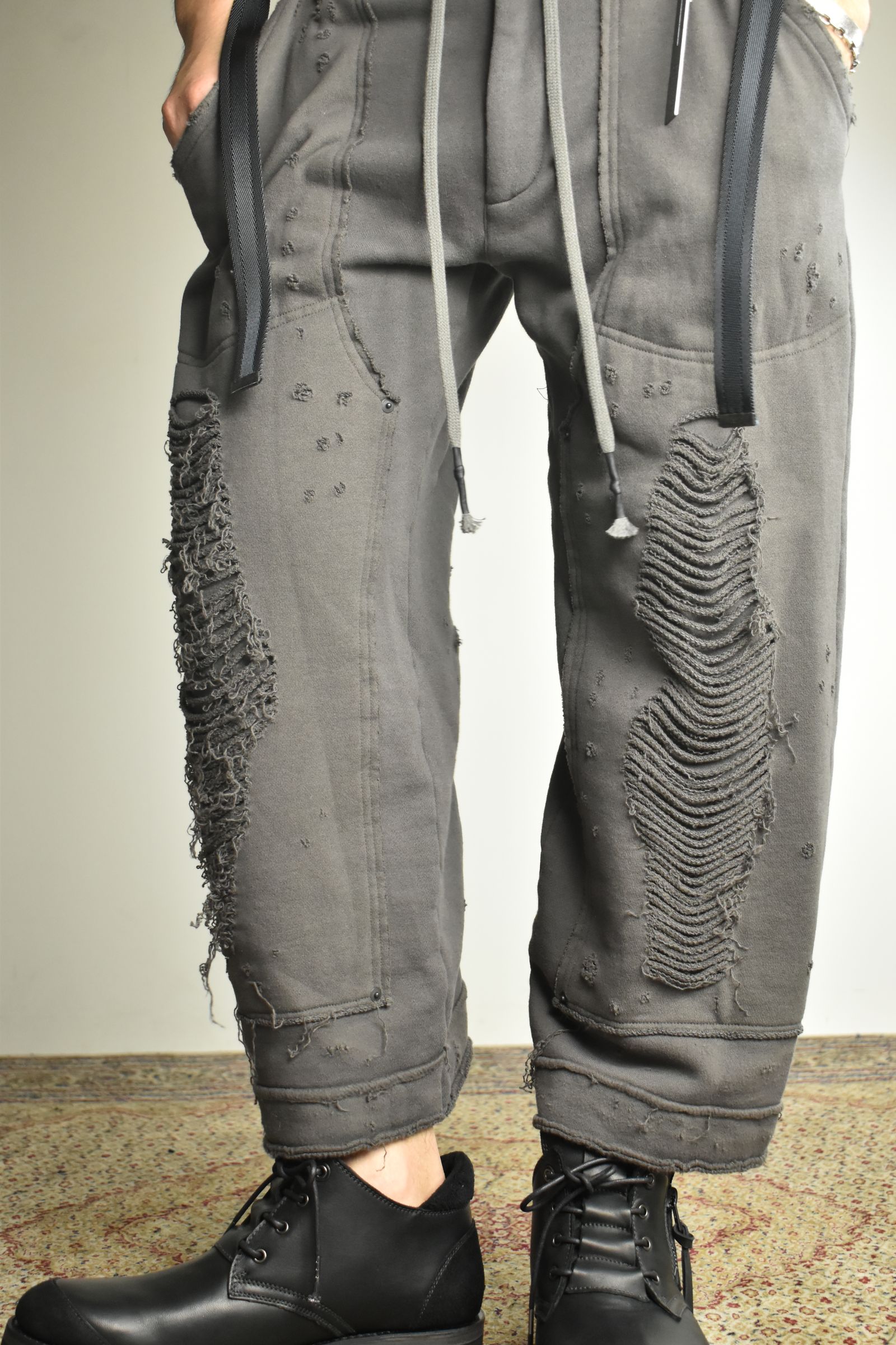 Untwisted Yarn Fleece Shotgun Wide Cropped Pants"Charcoal" / 無撚糸裏毛ショットガンワイドクロップドパンツ"チャコール"