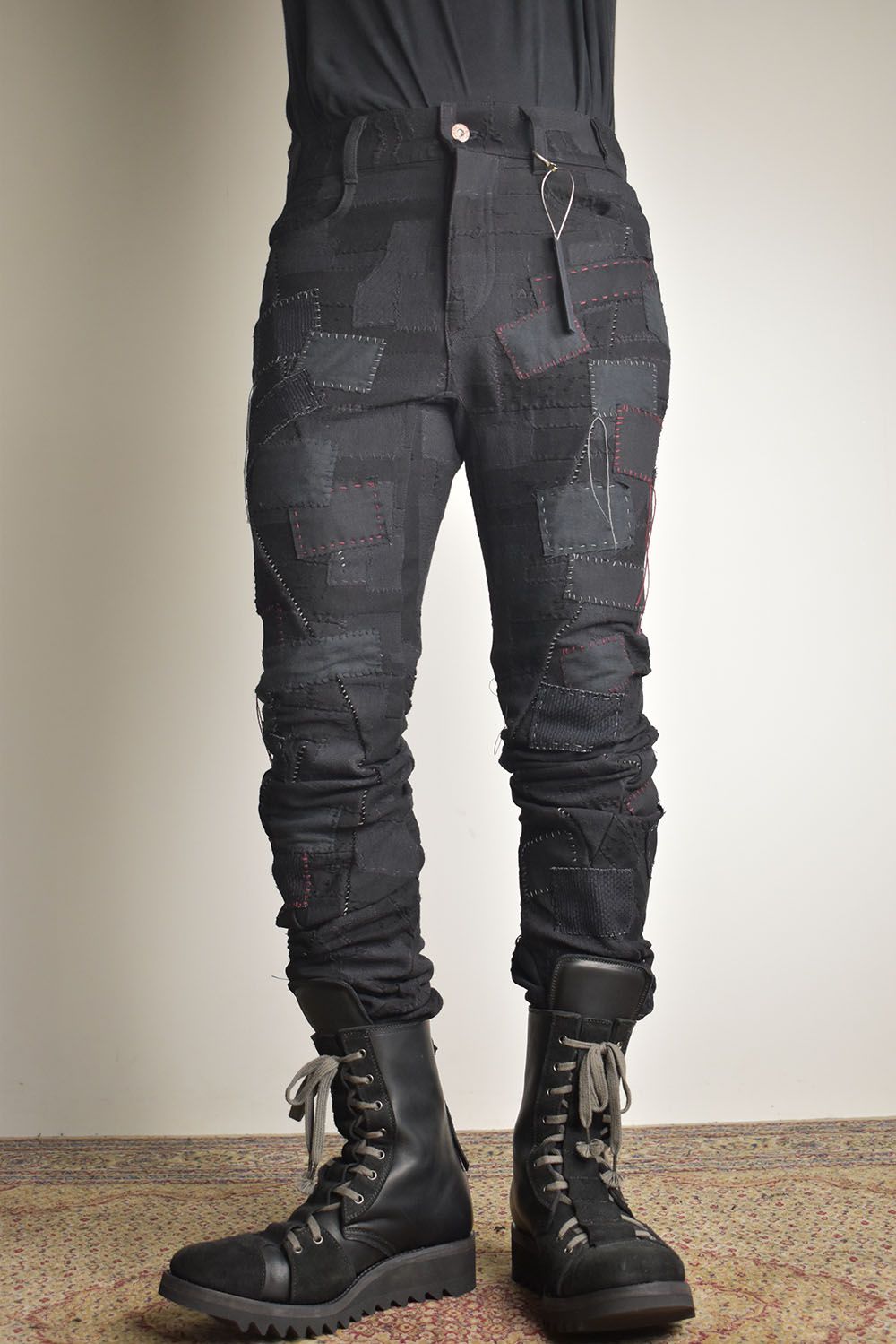 Hand Patchwork Crust Jacquard Overlock Twist Curve Pants "Black" / ハンドパッチワーククラストジャガードオーバーロックツイストカーブパンツ"ブラック"