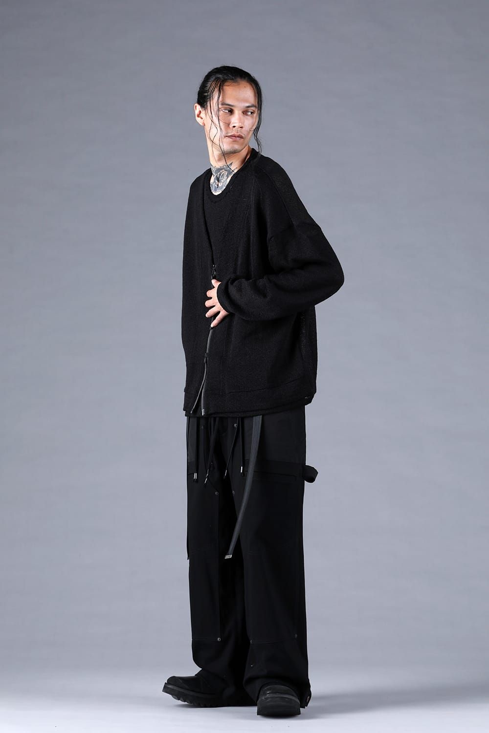 Cotton Low Gauge Knit Cardigan Layered Pullover"Black" / コットンローゲージニットカーディガンレイヤードプルオーバー"ブラック"