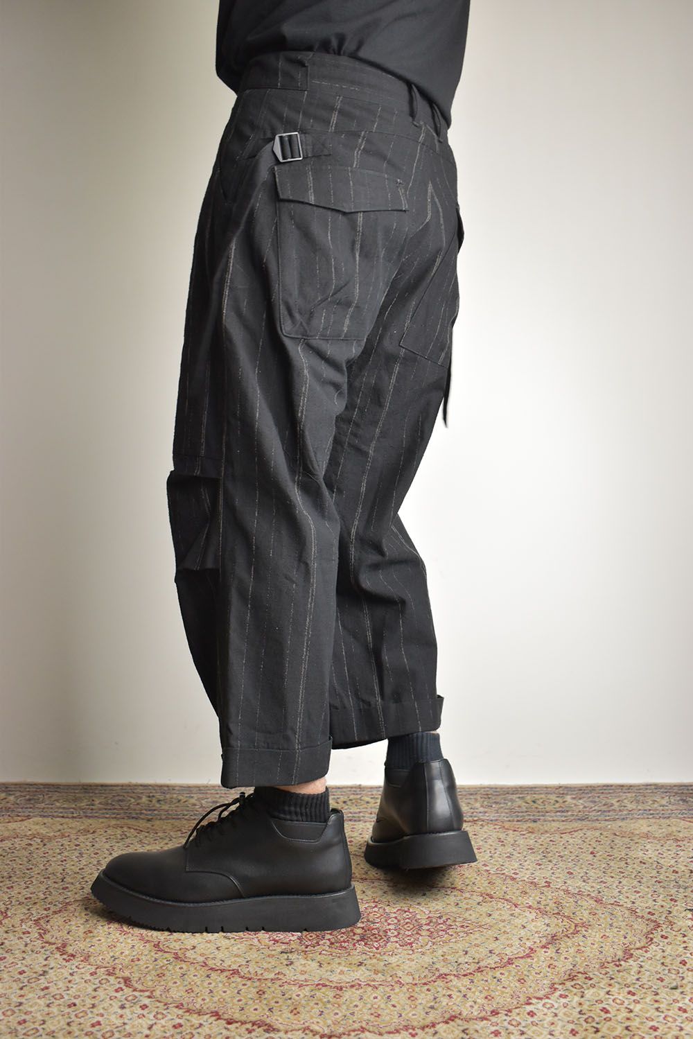 Faded Random Stripe Wide Cropped Pants"Black" / フェードランダムストライプワイドクロップドパンツ"ブラック"