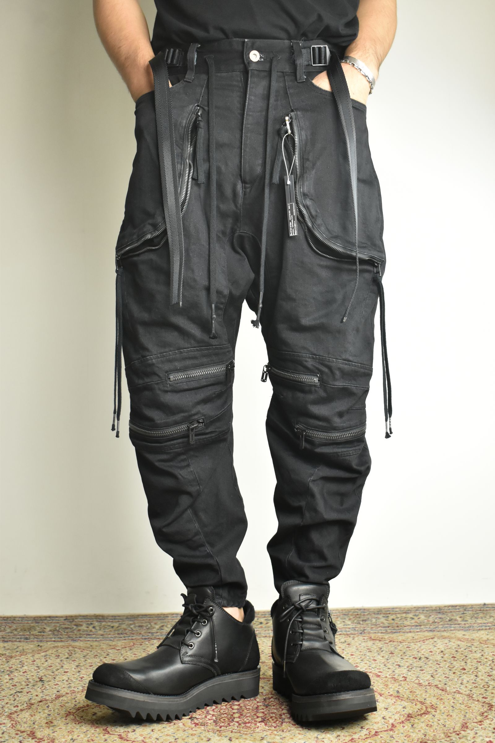 Stretch Denim Knee-Open Cropped Pants"Black" / ストレッチデニムニーオープンクロップドパンツ"ブラック"