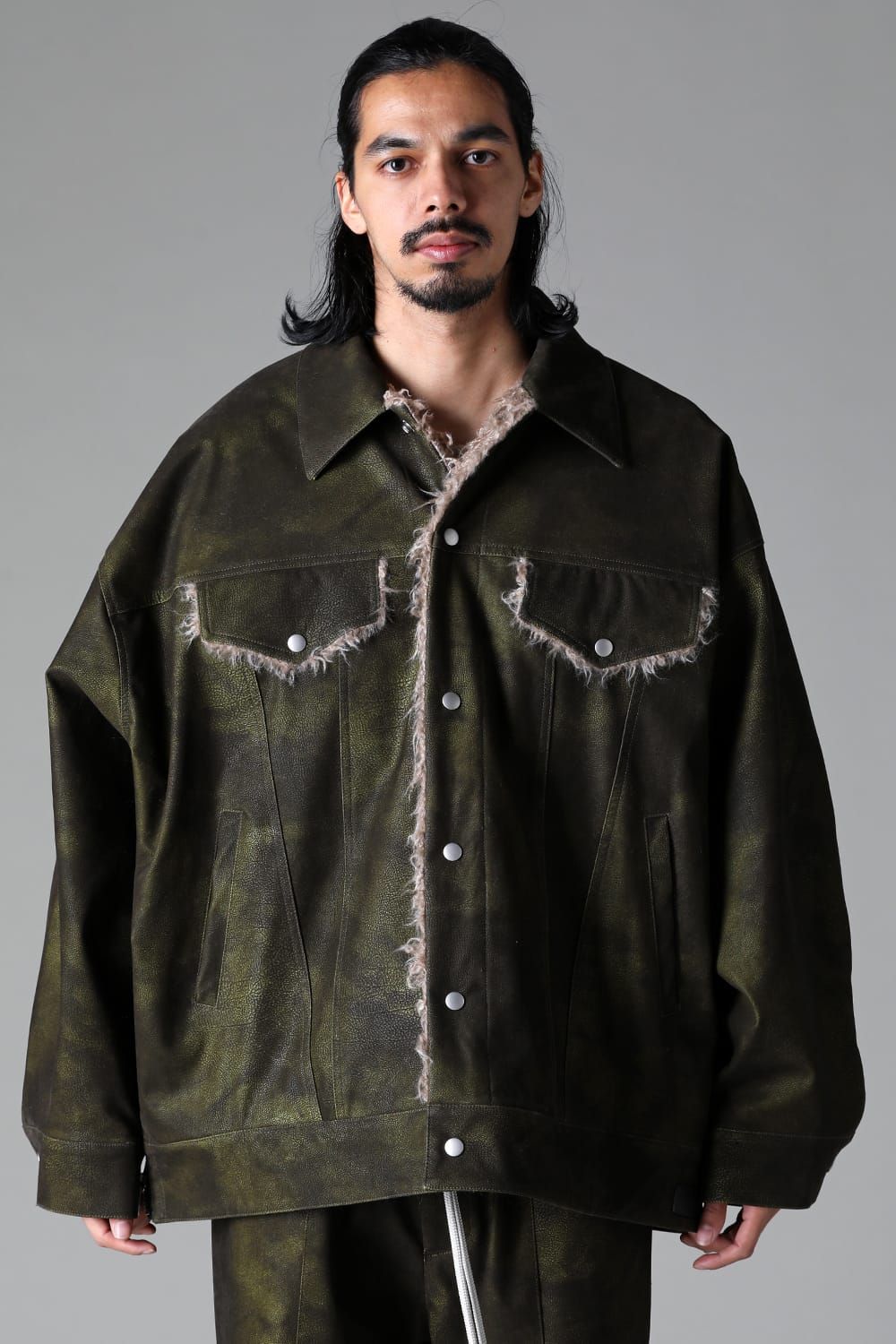 《2025AW先行予約》Synthetic Leather Jumbo Jacket"Black/Khaki" / シンセティックレザージャンボジャケット"ブラック/カーキ"