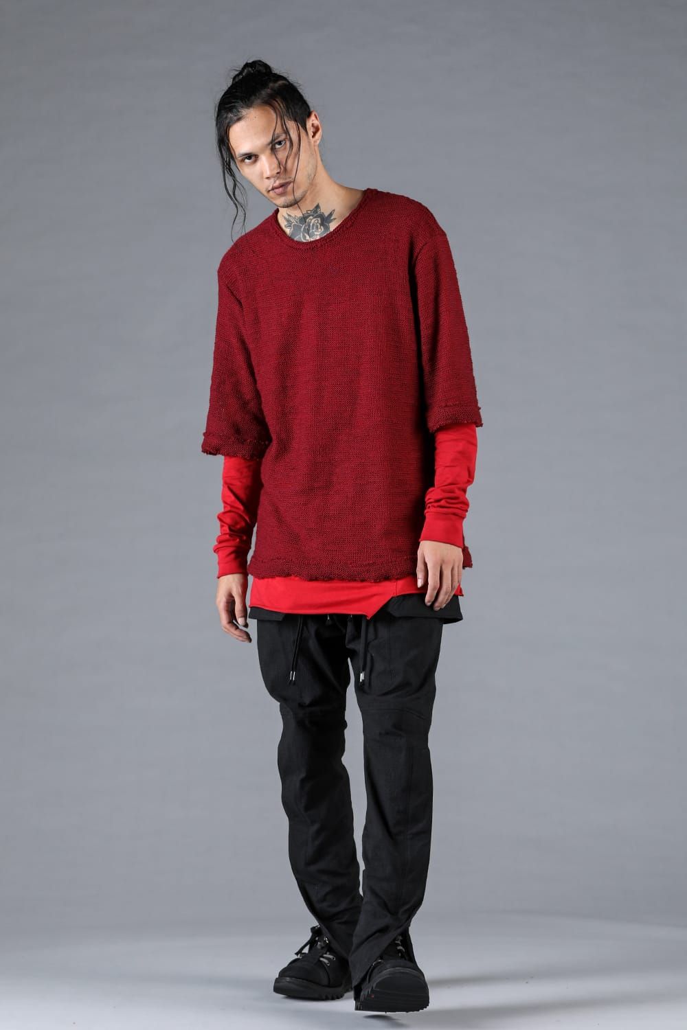 Low Gauge Knit and Cotton Jersey Layered T-Shirt "Red" / ローゲージニット×コットンジャージレイヤードTシャツ"レッド"