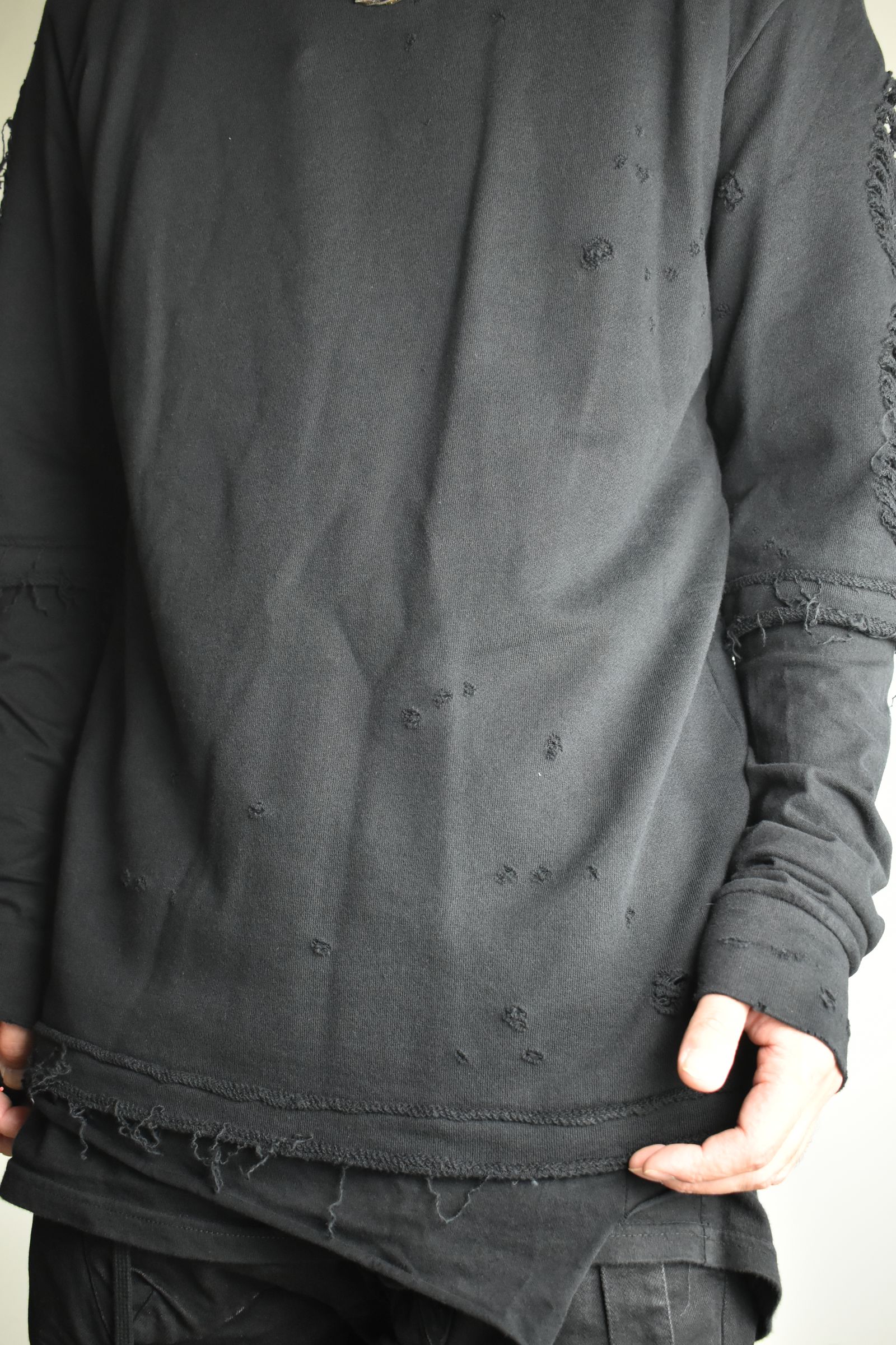 Sweat Shotgun Damage Layered Tee"Black" / 裏毛ショットガンダメージレイヤードTee"ブラック"