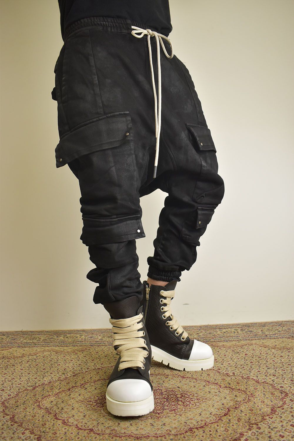 Coating Bonding Sarouel Cargo Jogger Denim"Black" / コーティングボンディングサルエルカーゴジョガーデニム"ブラック"
