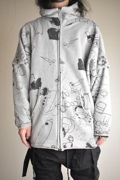Sweat Oversize Print Zip Up Hoodie"Grey" / スウェットオーバーサイズプリントジップアップパーカ"グレー"