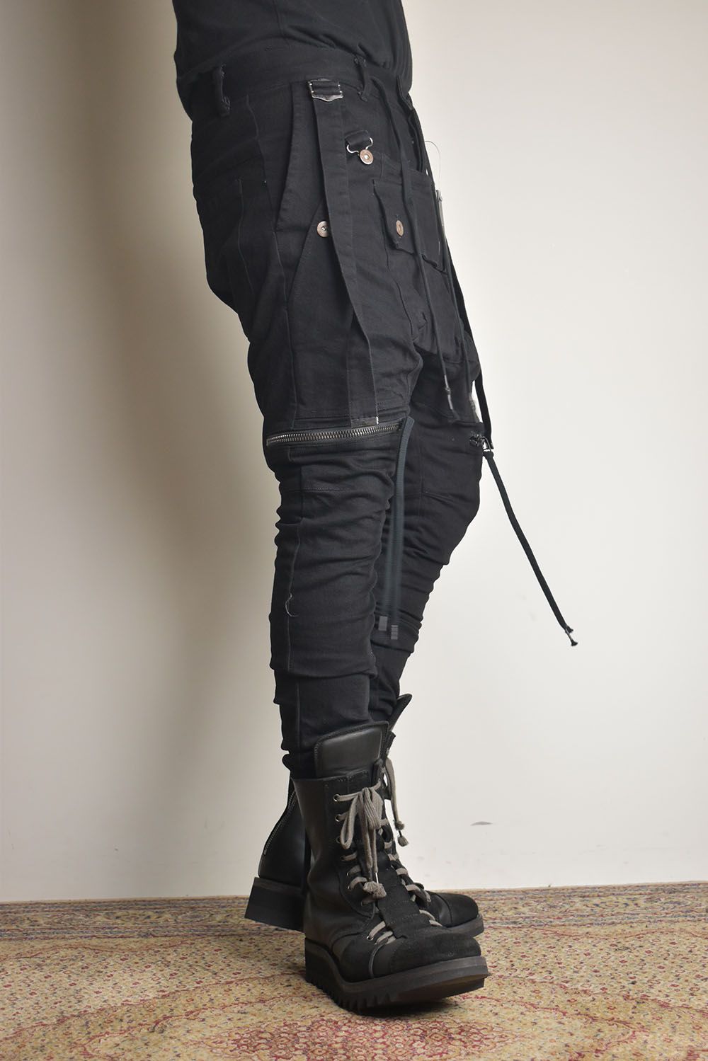 Stretch Denim Salopette Pocket Cargo Jogger Pants "Black" / ストレッチデニムサロペットポケットカーゴジョグパンツ"ブラック"