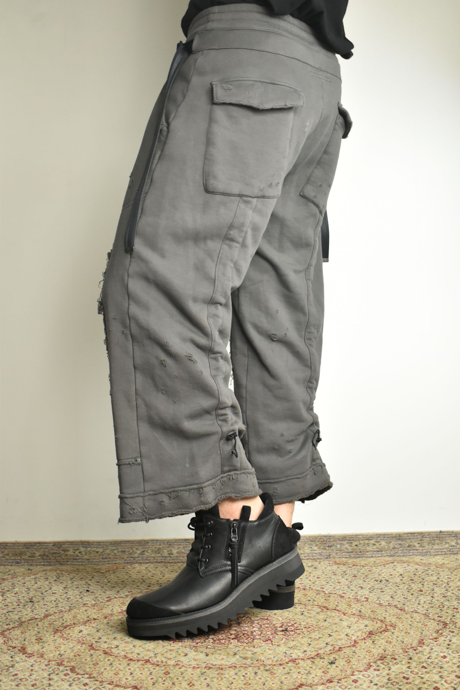 Untwisted Yarn Fleece Shotgun Wide Cropped Pants"Charcoal" / 無撚糸裏毛ショットガンワイドクロップドパンツ"チャコール"