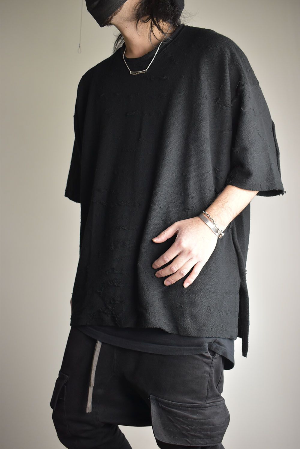 Cotton Damege Jaquard Over Sized Short Sleeve Tee"Black"/コットンダメージジャガードオーバーサイズショートスリーブTee"ブラック"