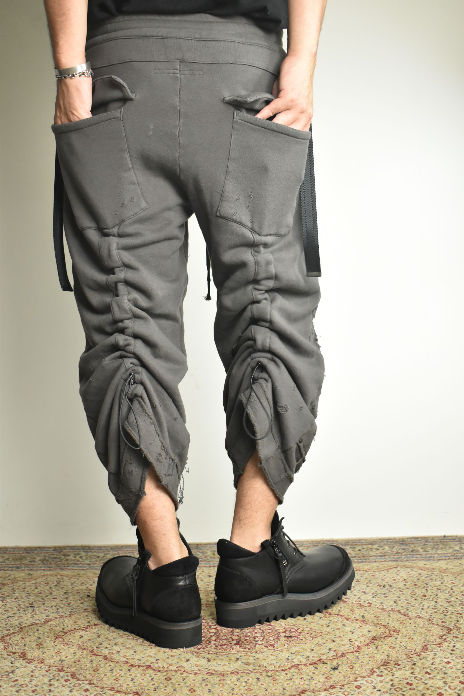 Untwisted Yarn Fleece Shotgun Wide Cropped Pants"Charcoal" / 無撚糸裏毛ショットガンワイドクロップドパンツ"チャコール"