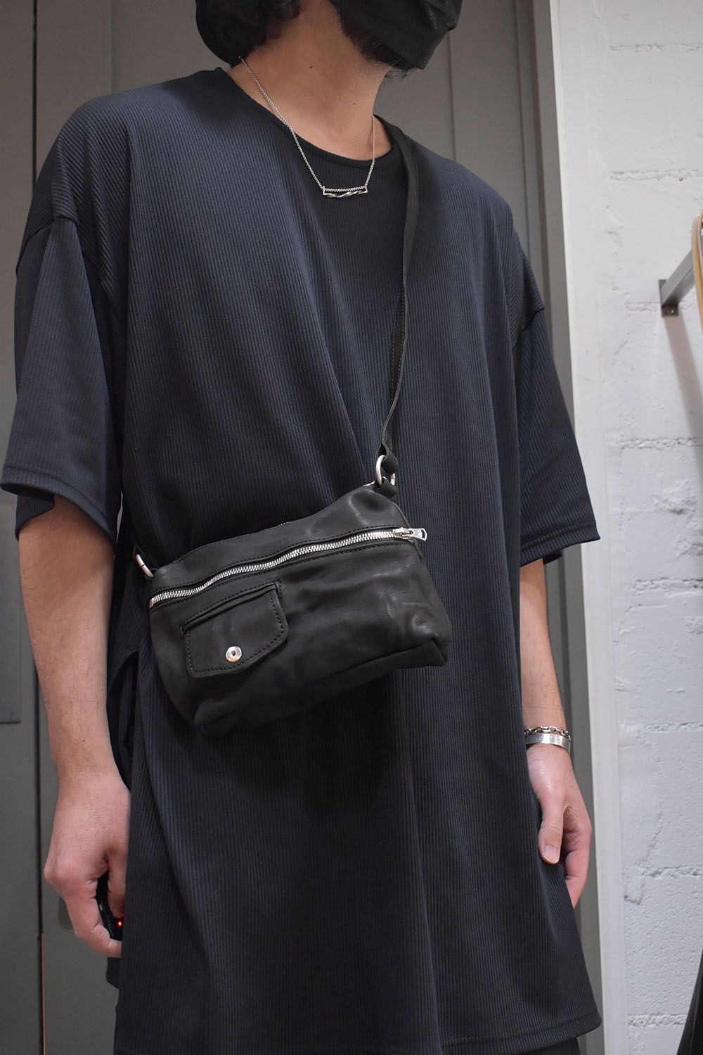 Japan Calf Product Wash Rider's Succotch"Black" / ジャパンカーフ製品洗いライダースサコッシュ"ブラック"