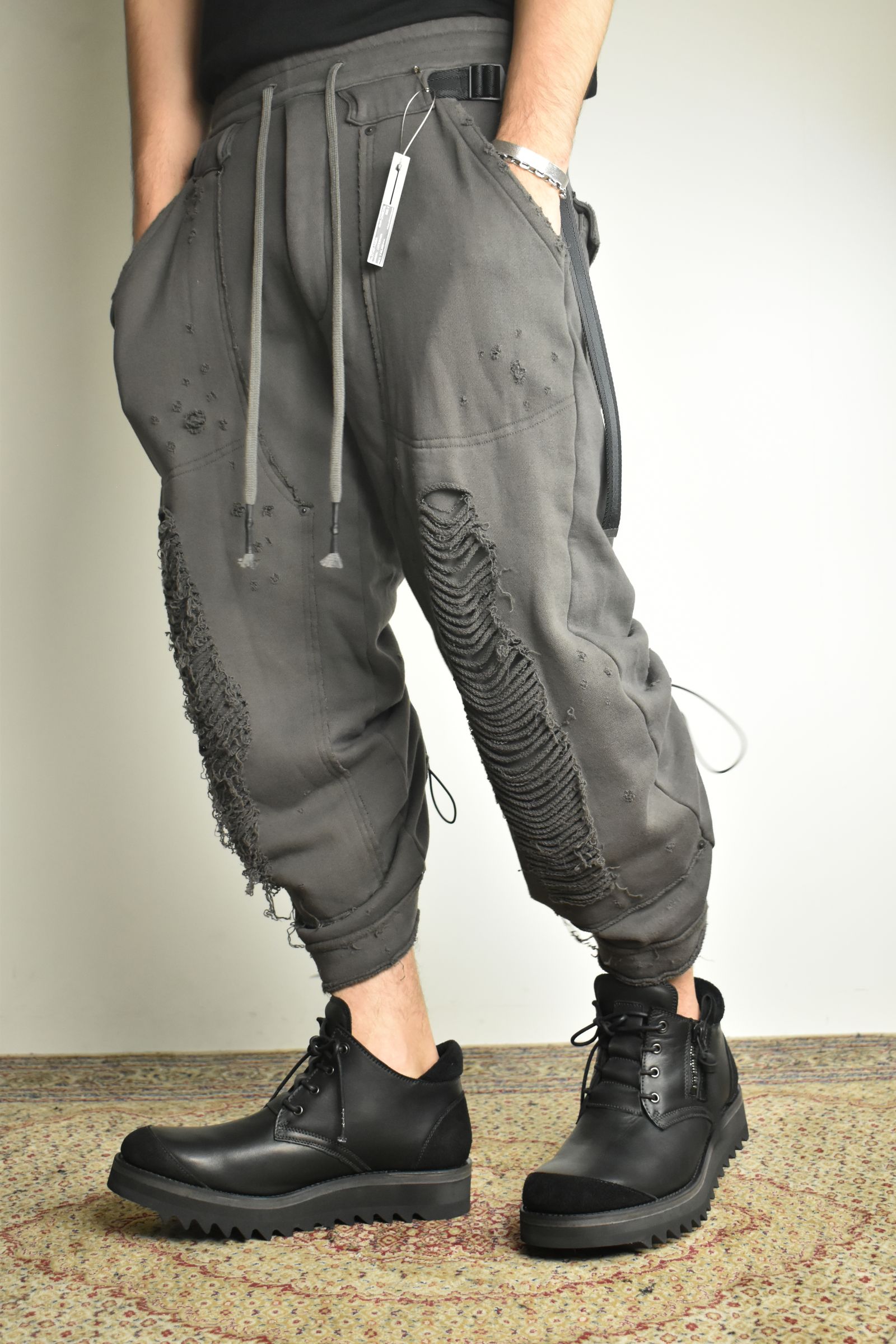 Untwisted Yarn Fleece Shotgun Wide Cropped Pants"Charcoal" / 無撚糸裏毛ショットガンワイドクロップドパンツ"チャコール"