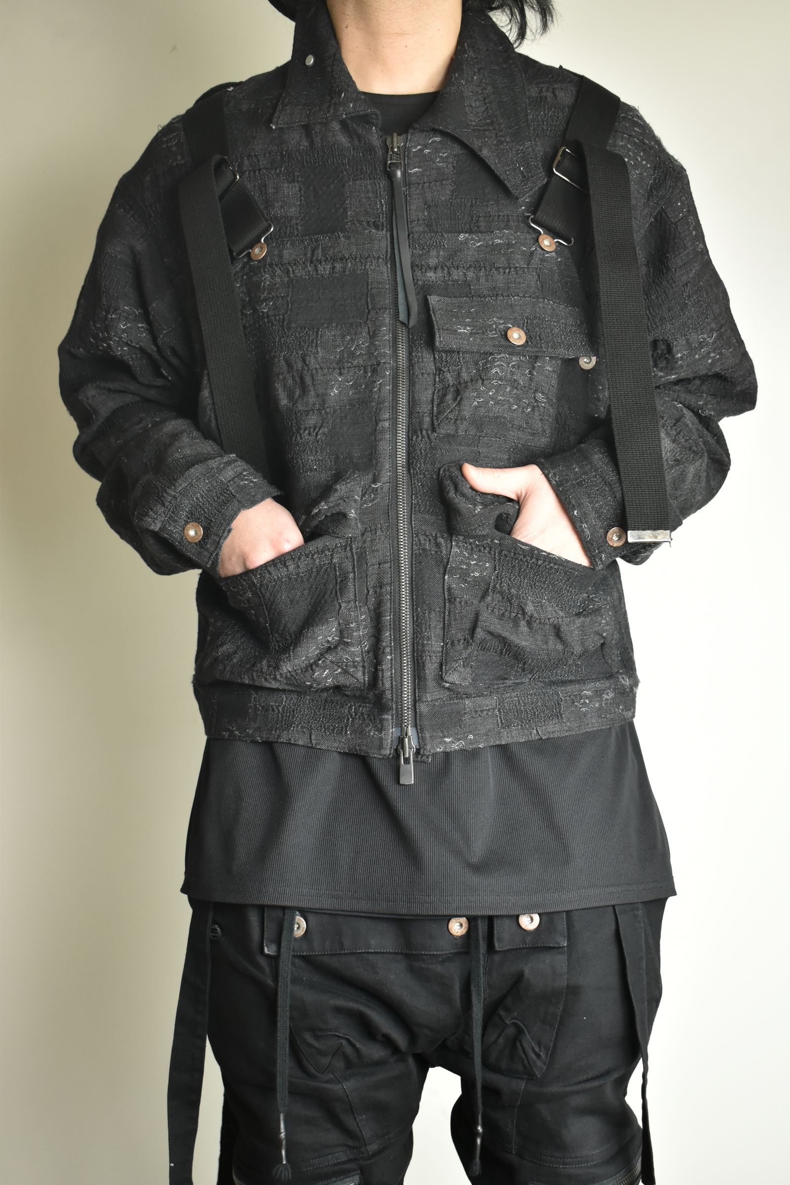 Crust Jacquard Salopette Layered Jacket"Black" / クラストジャガードサロペットレイヤードジャケット"ブラック"