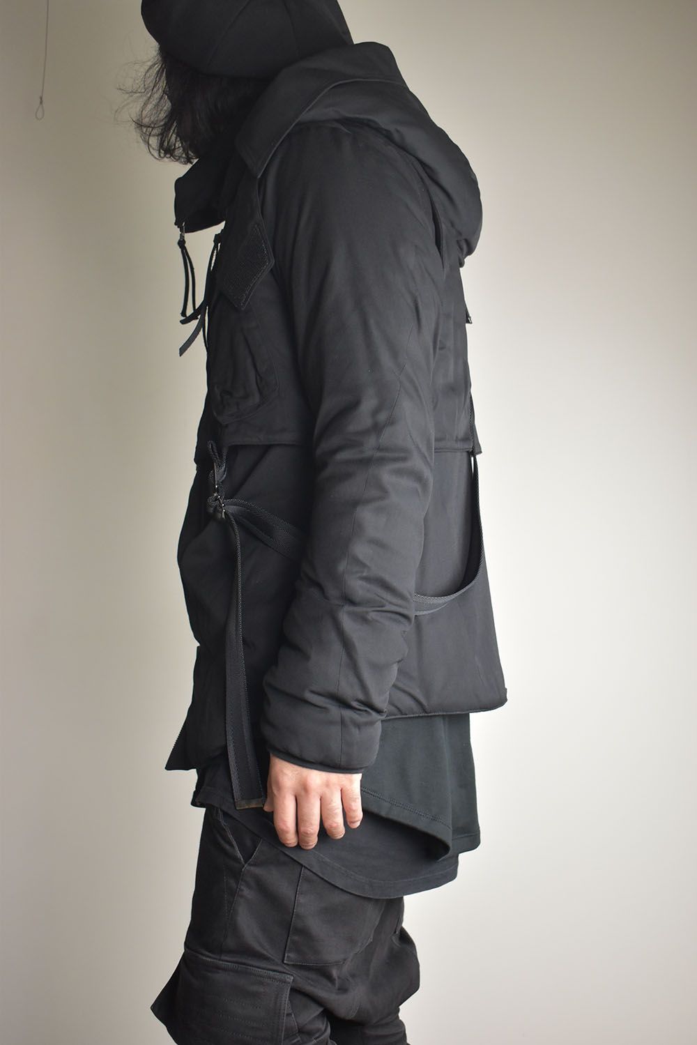 Rayon Twill Vest Hooded Down Jacket "Black" / レーヨンツイルベスト/フードアタッチドダウンジャケット"ブラック"