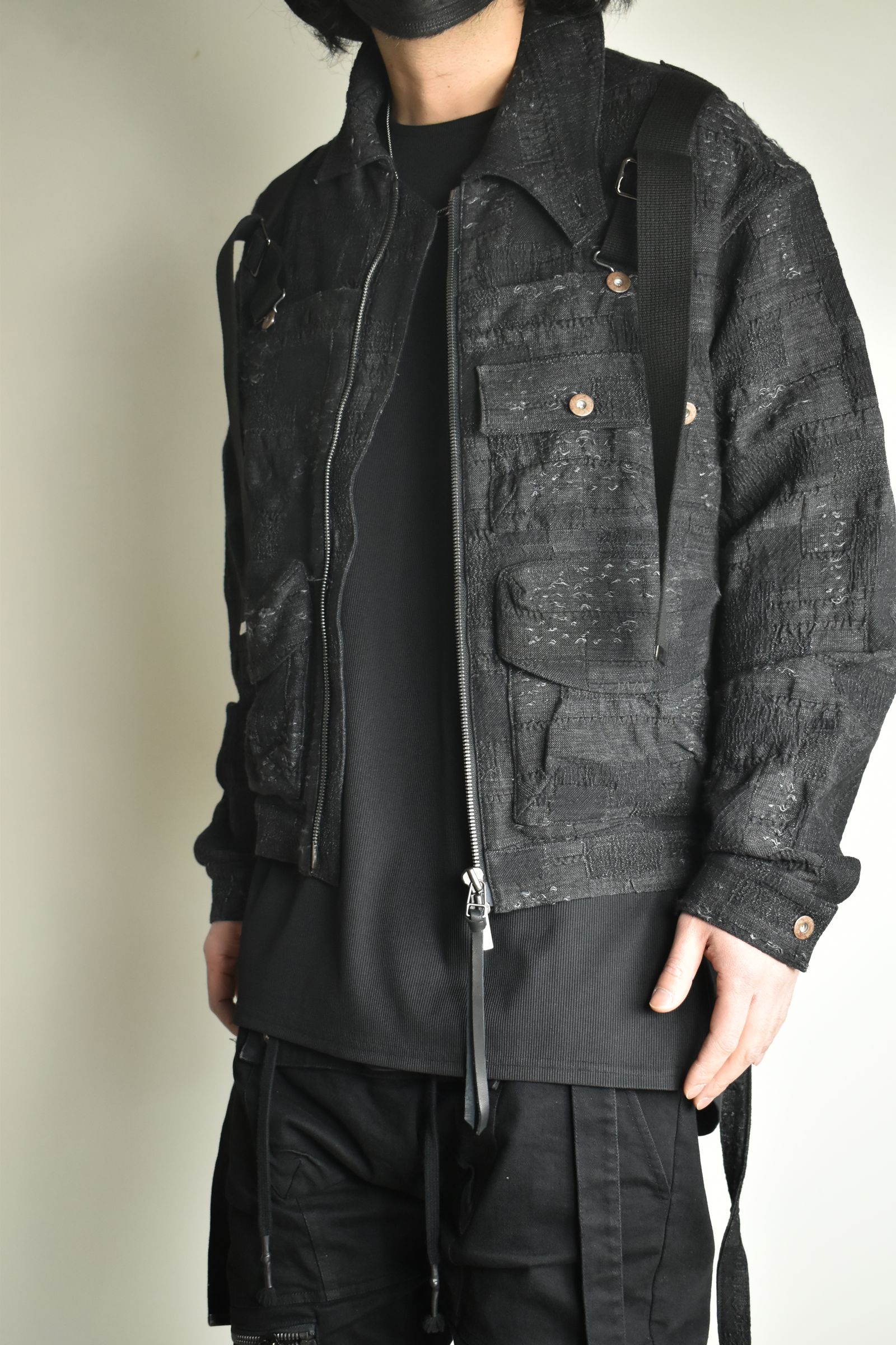 Crust Jacquard Salopette Layered Jacket"Black" / クラストジャガードサロペットレイヤードジャケット"ブラック"