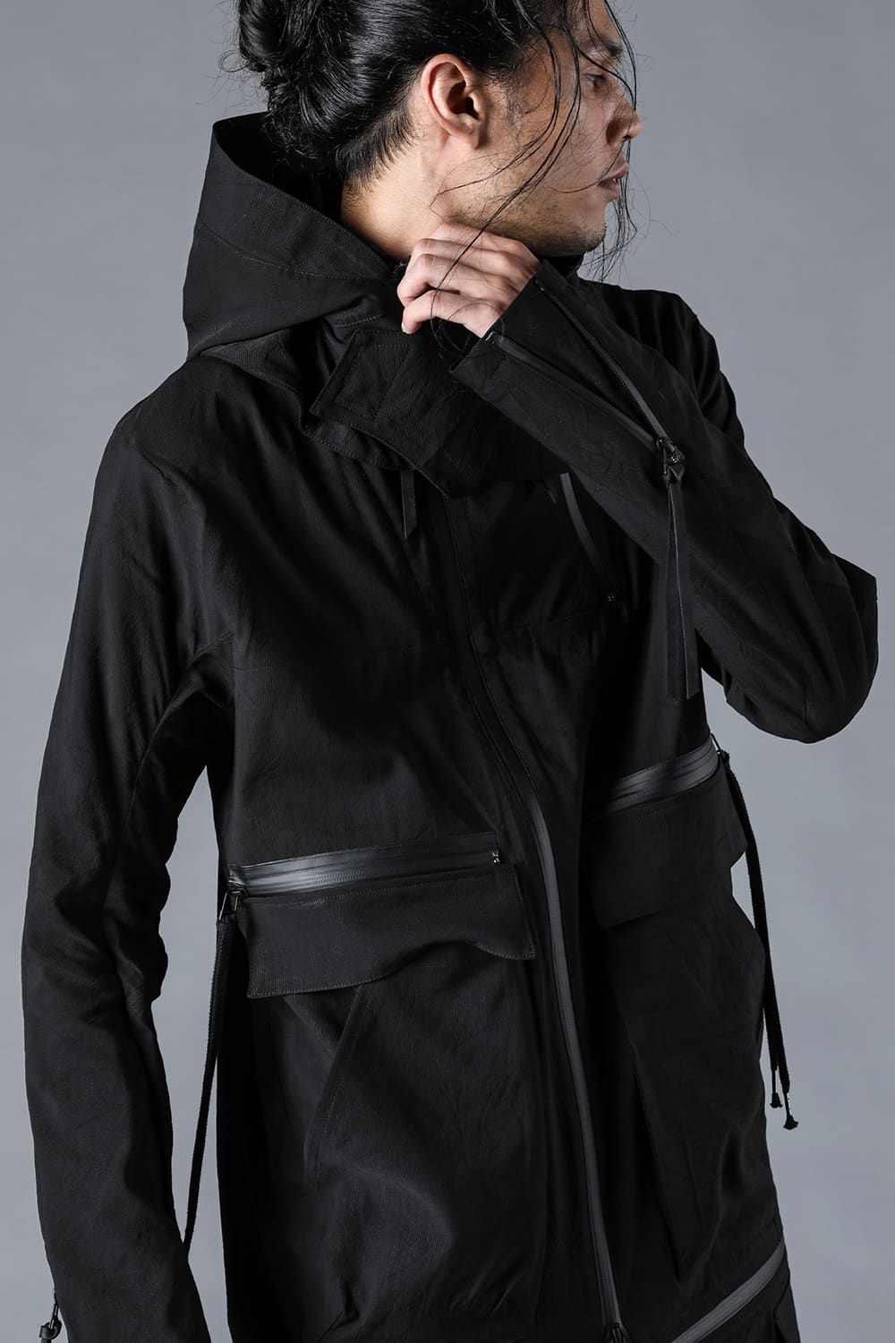 Salt-Shrunk Washed Dobby Striped Military Coat "Black"/塩縮ワッシャードビーボーダーミリタリーコート"ブラック"