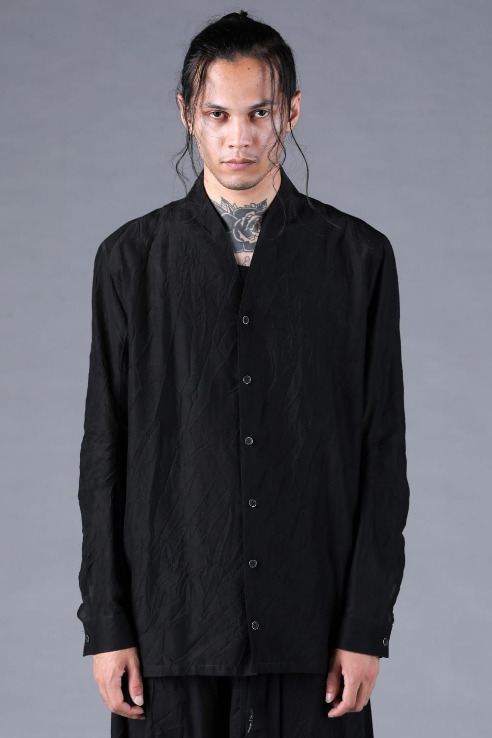 Silk Cotton Washer Shawl Collar Shirt"Black" / シルクコットンワッシャーショールカラーシャツ"ブラック"