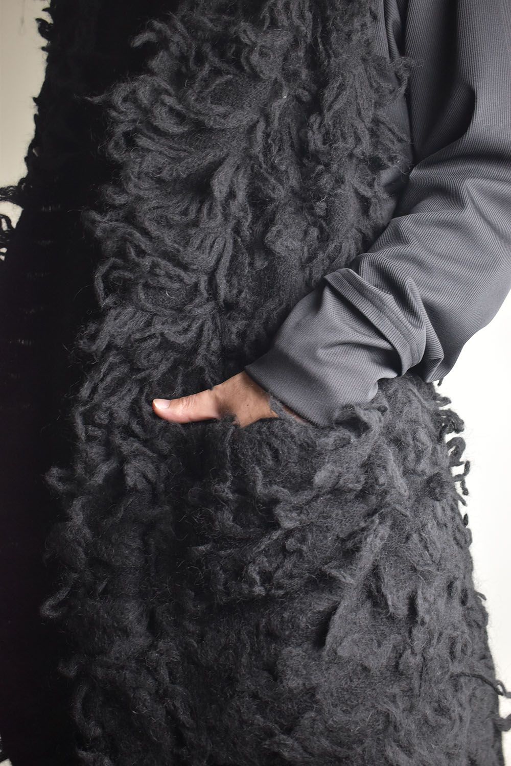 5GG Long Pile Knit Hoodie Stole"Black" / ロングパイルニットフーディストール"ブラック"