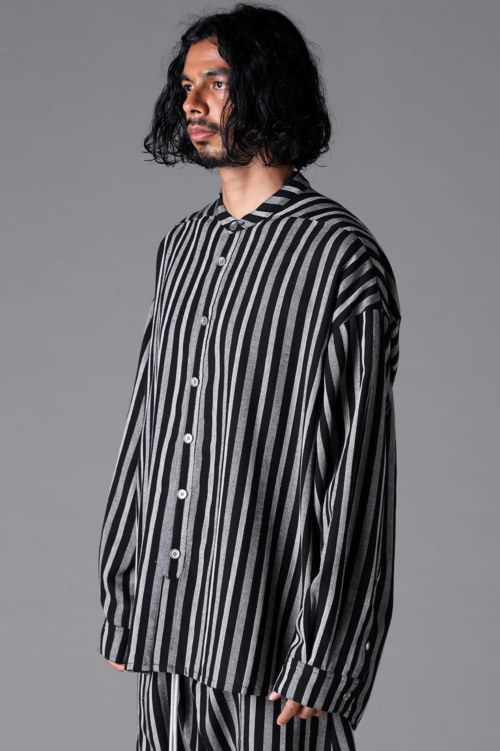 《2026SS先行予約》Vertical Stripes Stand Collar Shirts "Black×L.Grey" / バーティカルストライプスタンドカラーシャツ"ブラック×グレー"