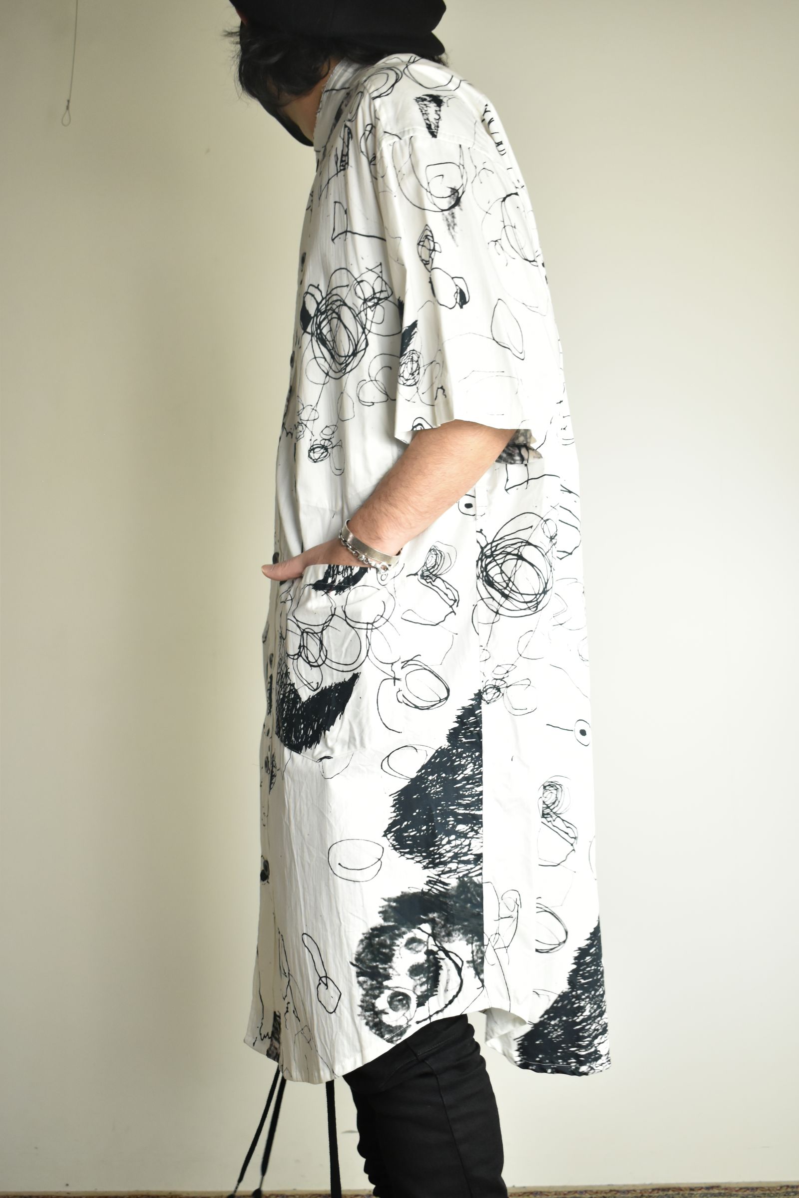Cotton Twill Ink Jet Short-Sleeved Big Shirt&Dress"White Black" / コットンツイルインクジェット半袖ビッグシャツ / ワンピース"ホワイト ブラック"