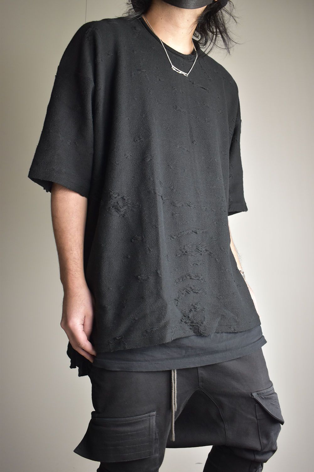 Cotton Damege Jaquard Over Sized Short Sleeve Tee"Black"/コットンダメージジャガードオーバーサイズショートスリーブTee"ブラック"