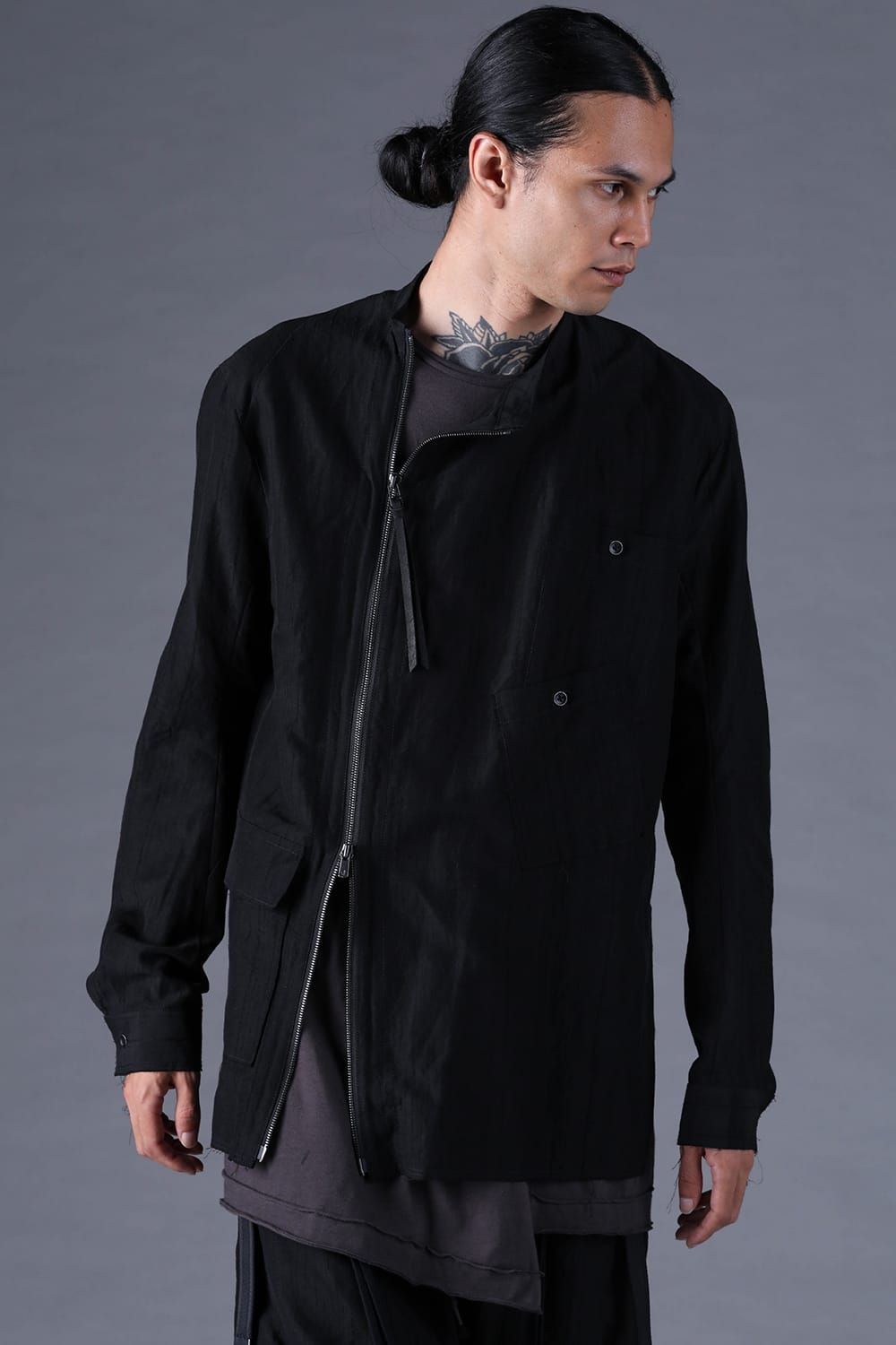 《2027SS先行予約分》Scarf-Stripe Jacquard Band-Collar Shirt"Black" / スカーストライプジャガードバンドカラーシャツ "ブラック"