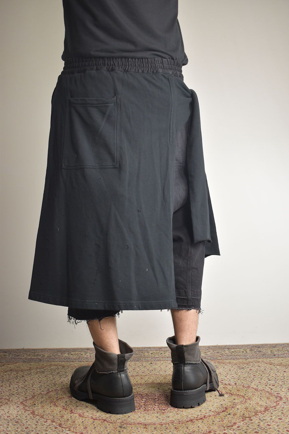 Stretch Denim Distressed Apron Wide Cropped Pants "Black" / ストレッチデニムダメージエプロンワイドクロップドパンツ"ブラック"