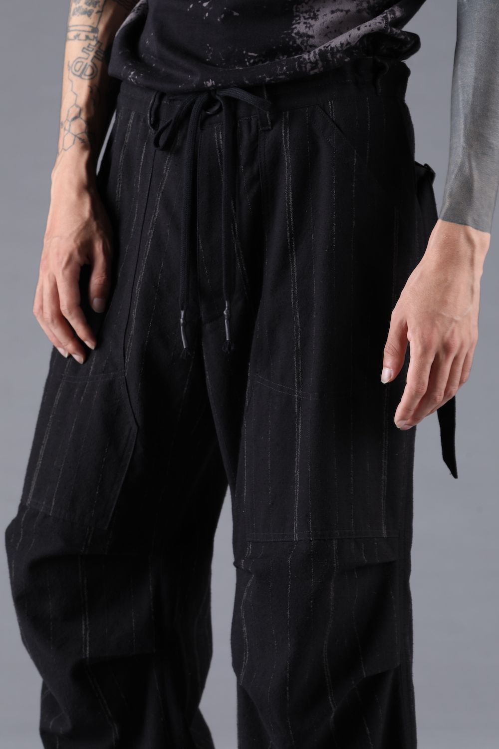 Faded Random Stripe Wide Cropped Pants"Black" / フェードランダムストライプワイドクロップドパンツ"ブラック"