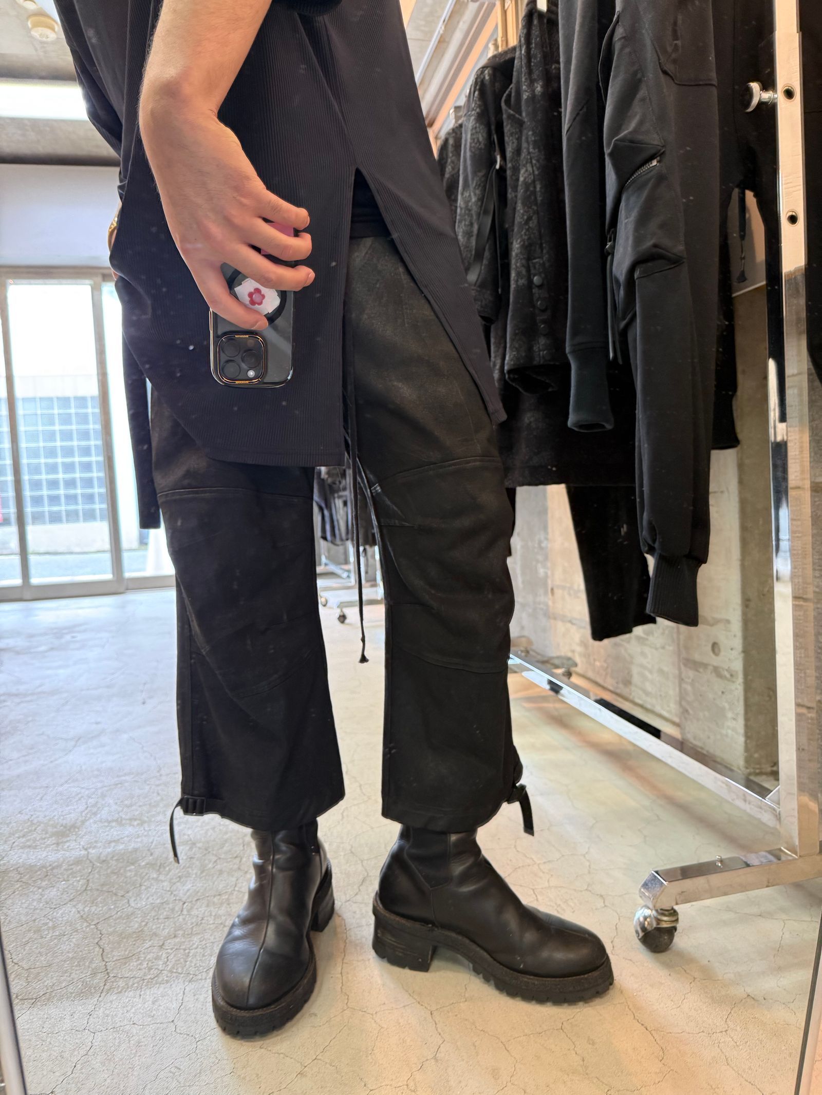 《2027SS先行予約分》Product Coated Dry Jersey Wide-Leg Cropped Pants"Black" / 製品コーティングドライジャージーワイドクロップドパンツ"ブラック"