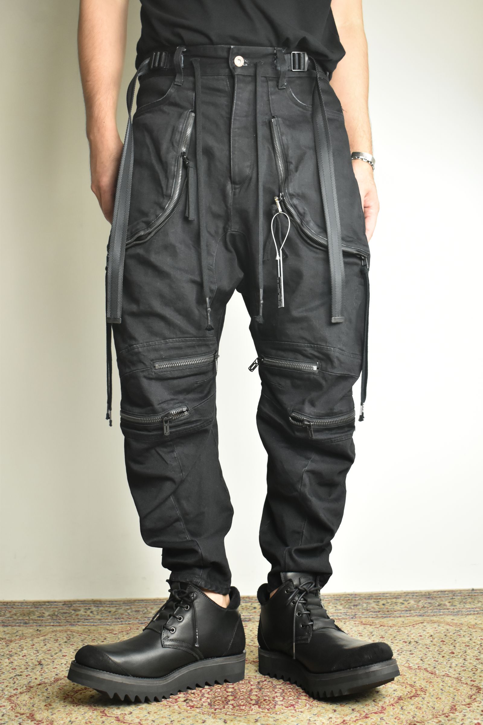Stretch Denim Knee-Open Cropped Pants"Black" / ストレッチデニムニーオープンクロップドパンツ"ブラック"