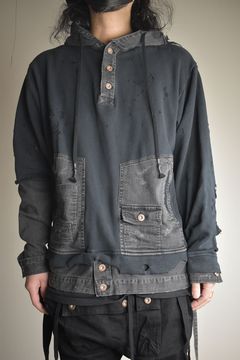 Denim Combination Non-Twisted Yarn Lined Oversized Pullover Hoodie"Black" / デニムコンビネーション無撚糸裏毛オーバーサイズプルオーバーフーディー"ブラック"