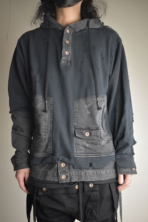 Denim Combination Non-Twisted Yarn Lined Oversized Pullover Hoodie"Black" / デニムコンビネーション無撚糸裏毛オーバーサイズプルオーバーフーディー"ブラック"
