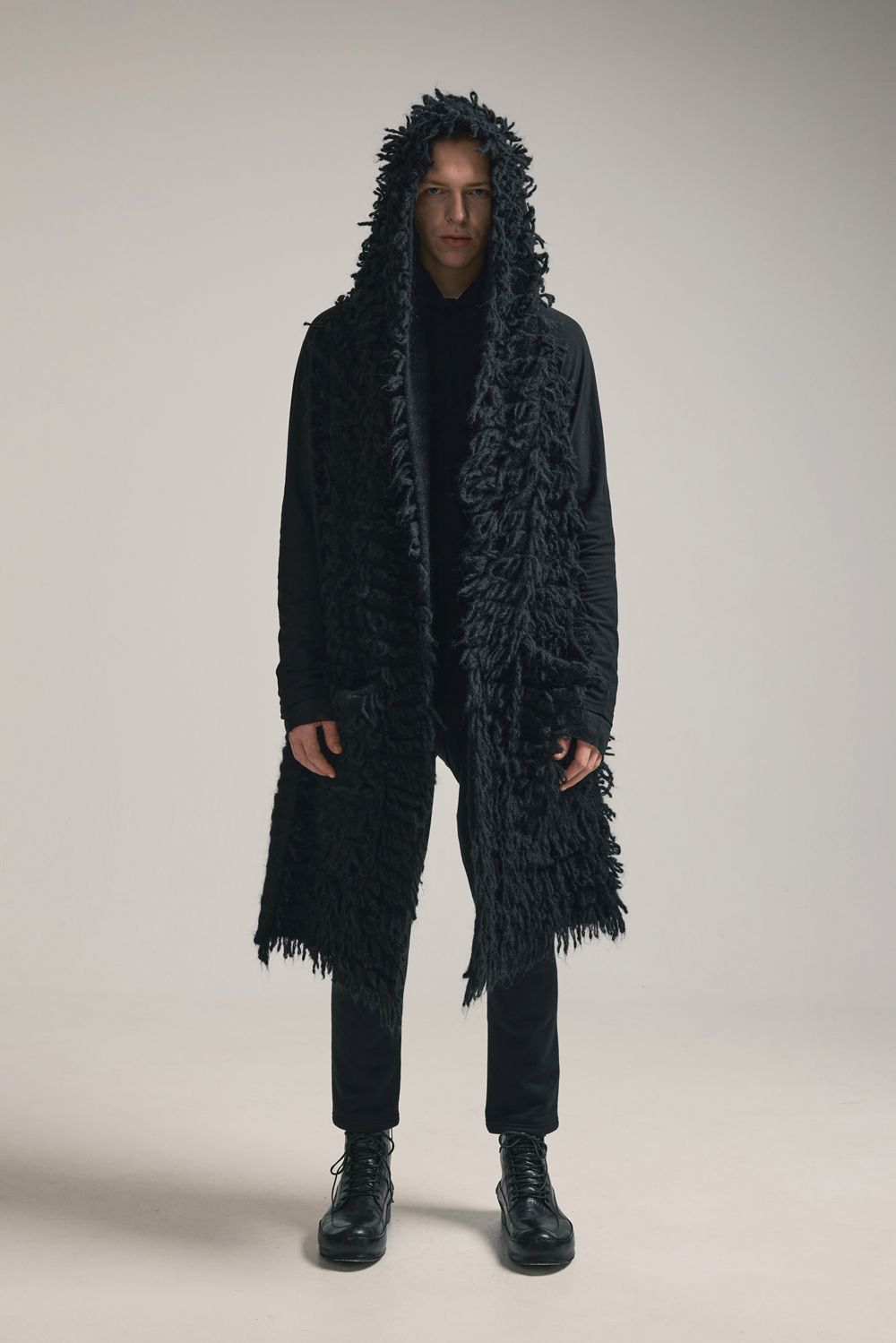 5GG Long Pile Knit Hoodie Stole"Black" / ロングパイルニットフーディストール"ブラック"
