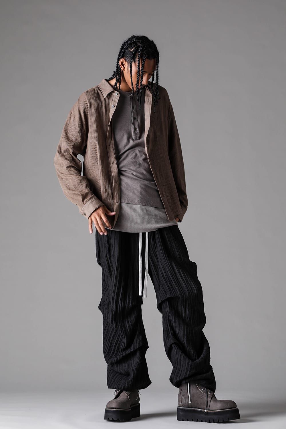 《2027SS先行予約》Ripple Sheer Tuck Wide Pants "Black" / リップルシアータックワイドパンツ"ブラック"