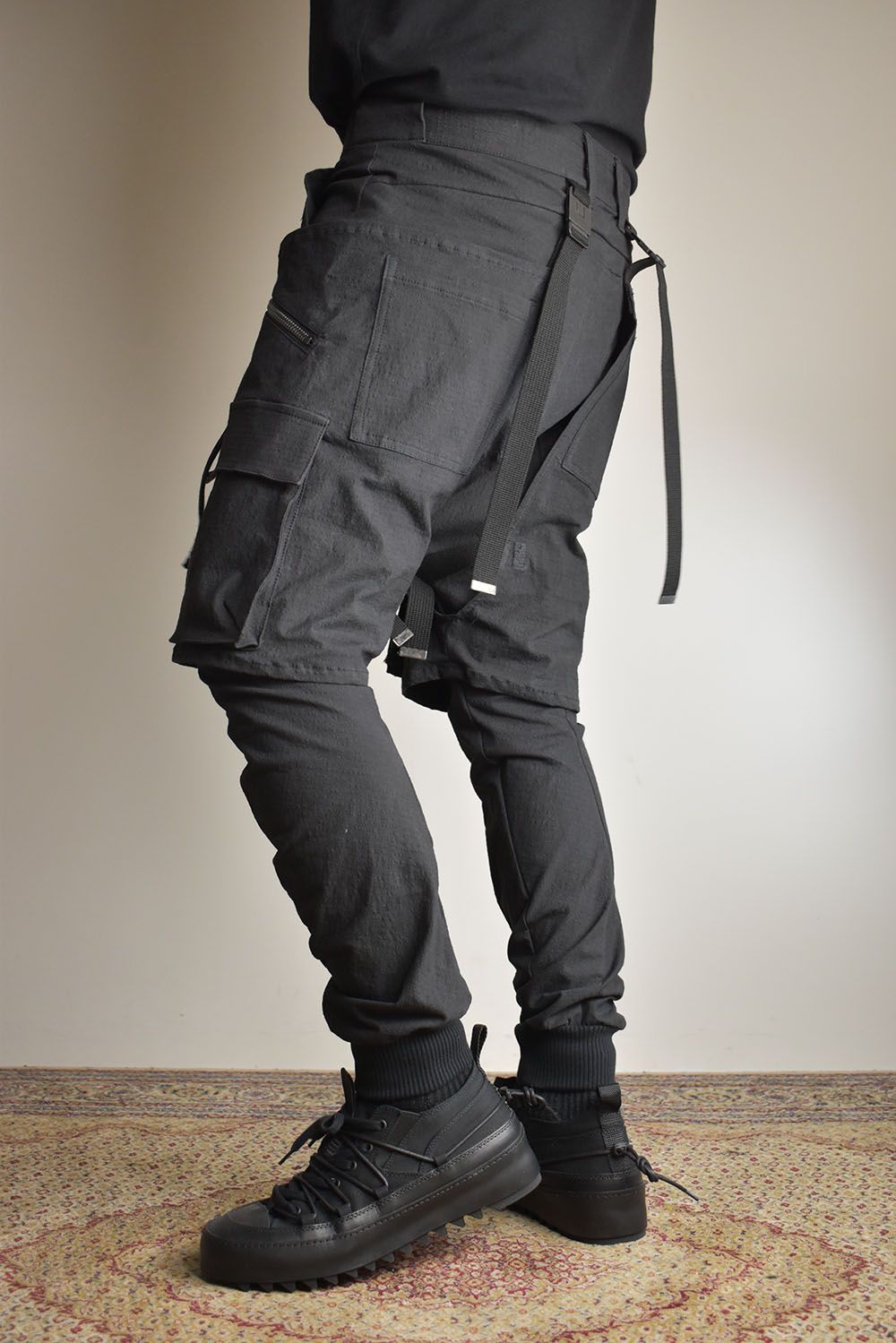 Ripstop Detachable Shorts Layered Cargo Jog Pants"Black" / リップストップデタッチャブルショーツレイヤードカーゴジョグパンツ"ブラック"