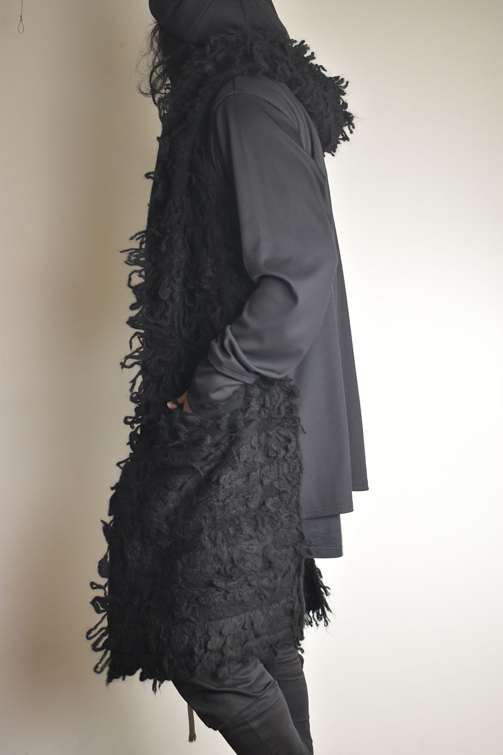 5GG Long Pile Knit Hoodie Stole"Black" / ロングパイルニットフーディストール"ブラック"