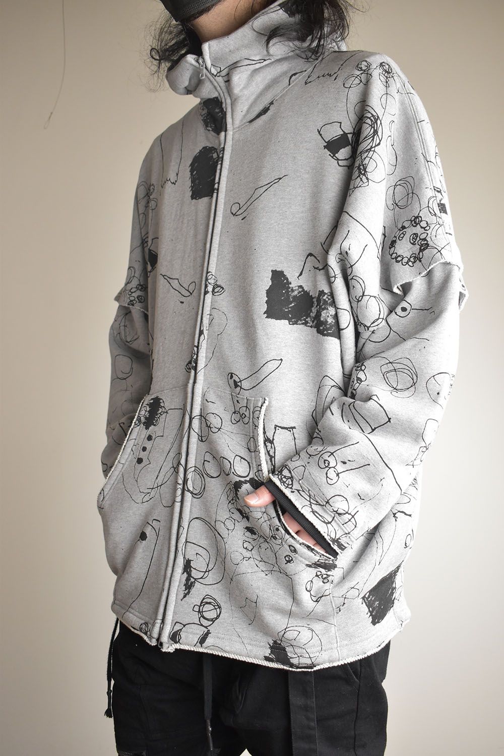 Sweat Oversize Print Zip Up Hoodie"Grey" / スウェットオーバーサイズプリントジップアップパーカ"グレー"