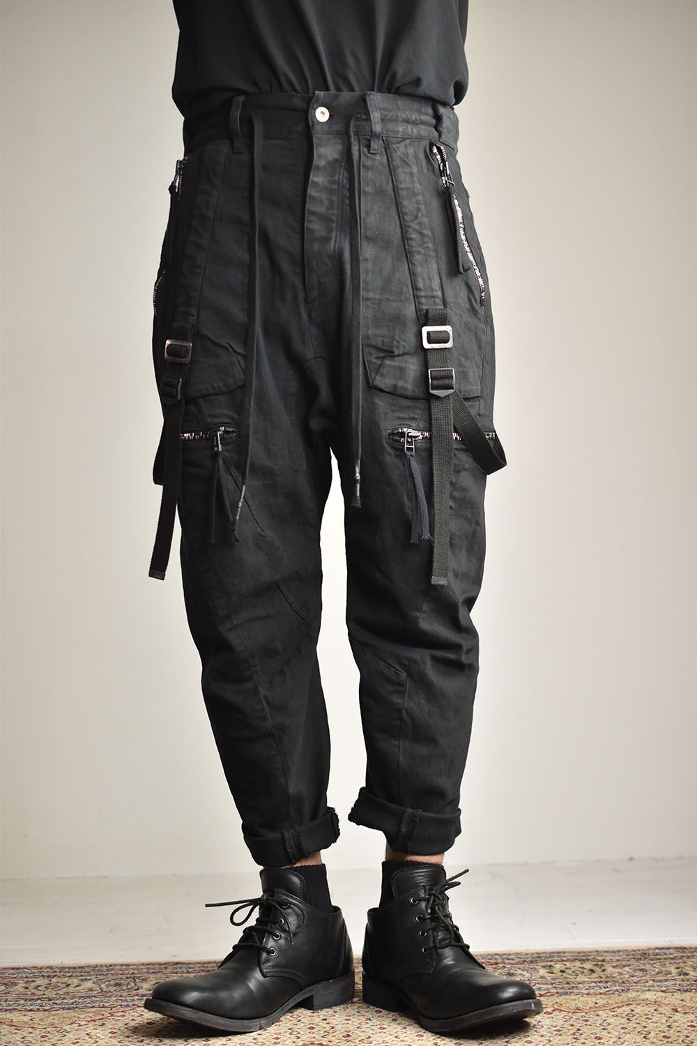 Stretch Cotton Denim Tapered Cargo Cropped Denim Pants "Black"/ストレッチコットンデニムテーパードカーゴクロップドデニムパンツ"ブラック"