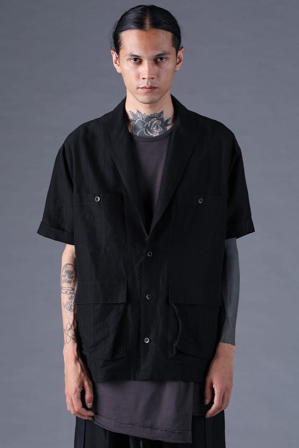 《2027SS先行予約分》Scar Stripe Jacquard Tailored S/S Shirt"Black" / スカーストライプジャガードテーラードショートスリーブシャツ"ブラック"