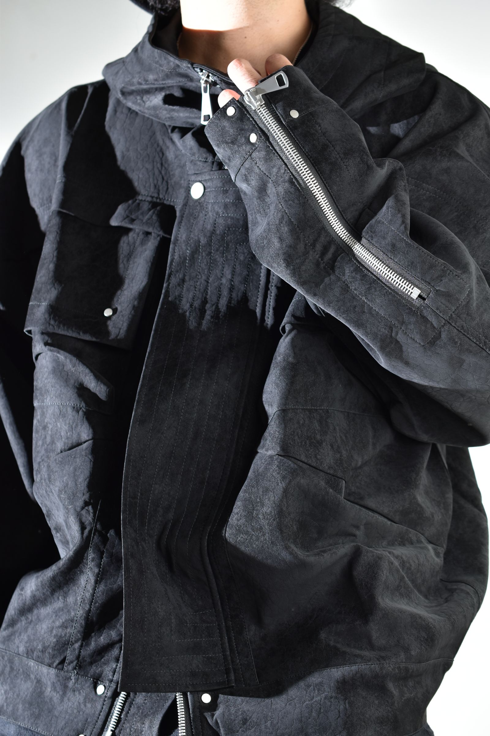 Vegan Suede Leather Hoodie Blouson"Black" / ヴィーガンスウェードレザーフーディブルゾン "ブラック"